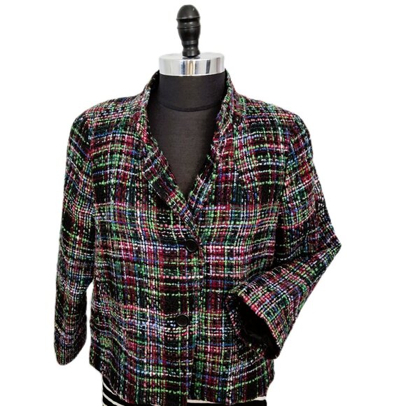 Talbots Sz 14 Petite Nehru Cropped Wool Blend Blazer Multi-Color Textured Tweed - Picture 5 of 14